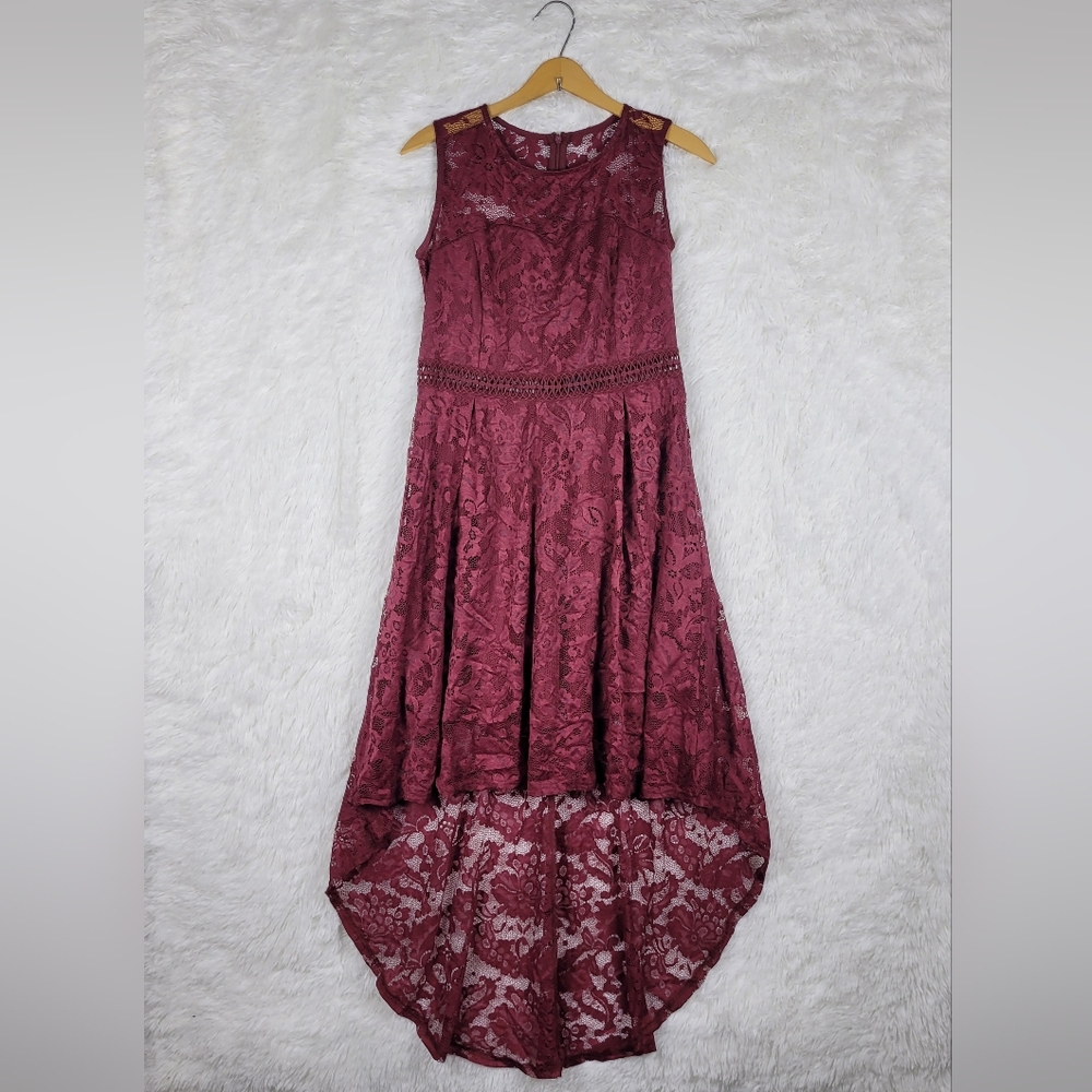 NWT Allandwell Sz Lace Dip Floral Burgundy Red High Low Dress Twee‎ Romantic